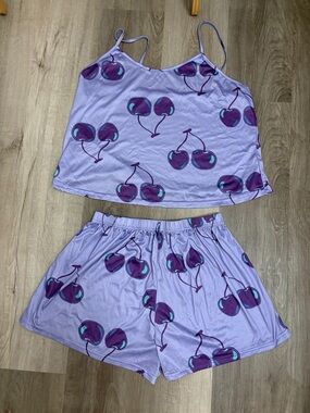 SHEIN Lavender Spaghetti-Strap Pajama Tank & Cherry-Print Shorts